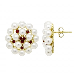 Sterling pearl cluster with ruby stones