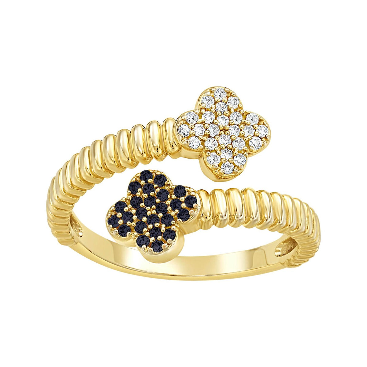 Black and cz overlapping clover ring