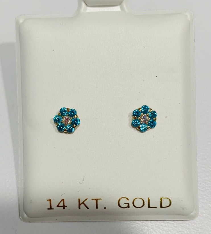 14K Gold Blue Flower Screwback Earrings