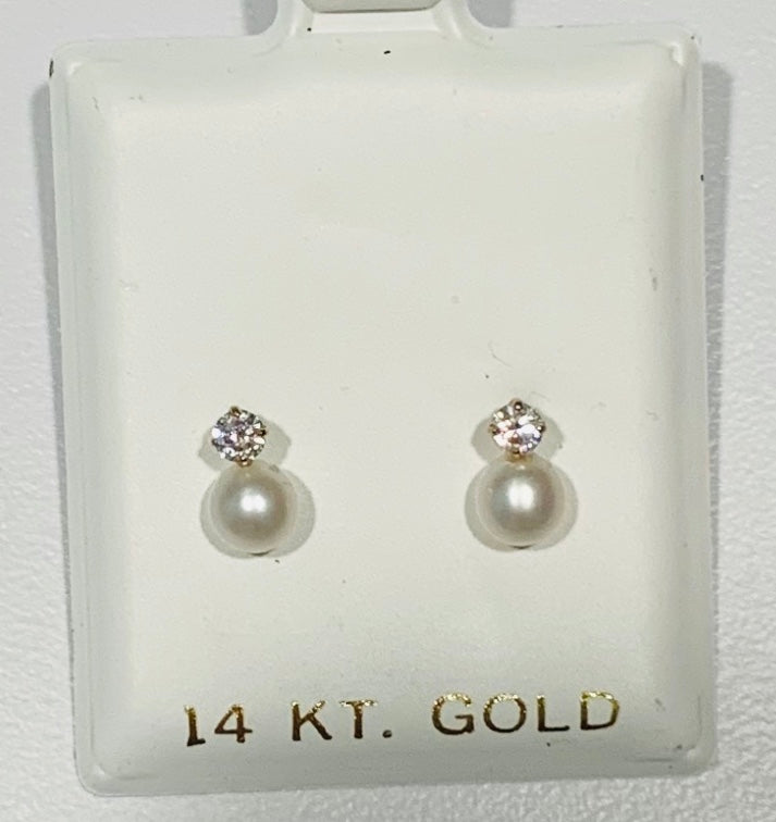 14K Gold Genuine Pearl And Cz Screwback Earrings