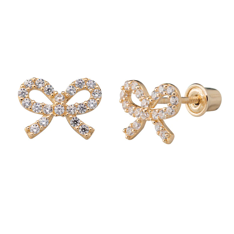 14K Gold Diamond Cz Bow Screwback Earrings