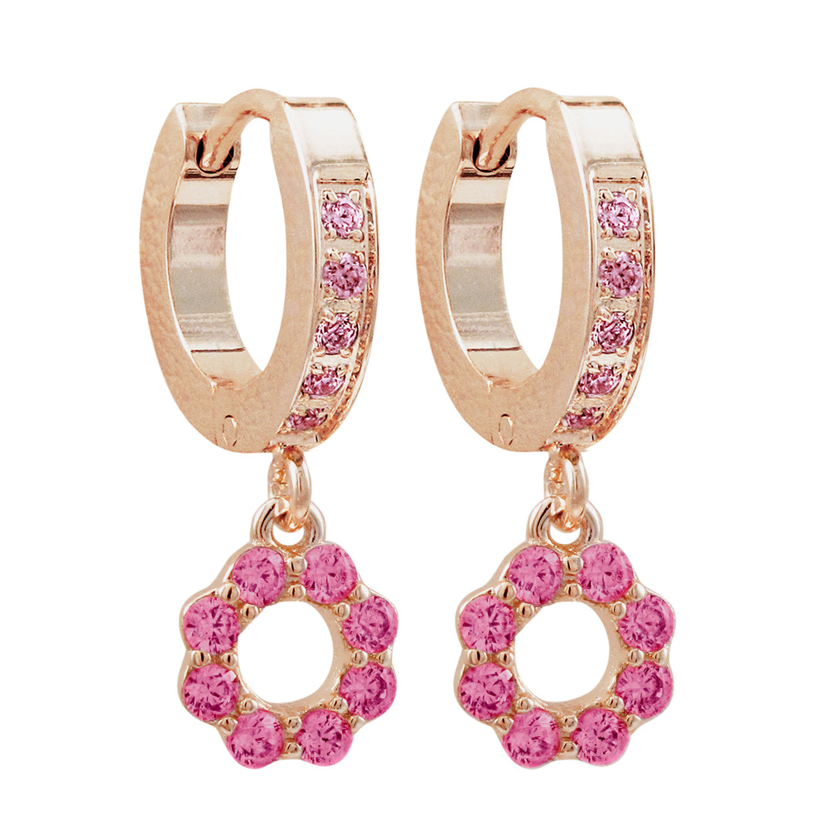 Rose gold pink flower huggie earrings